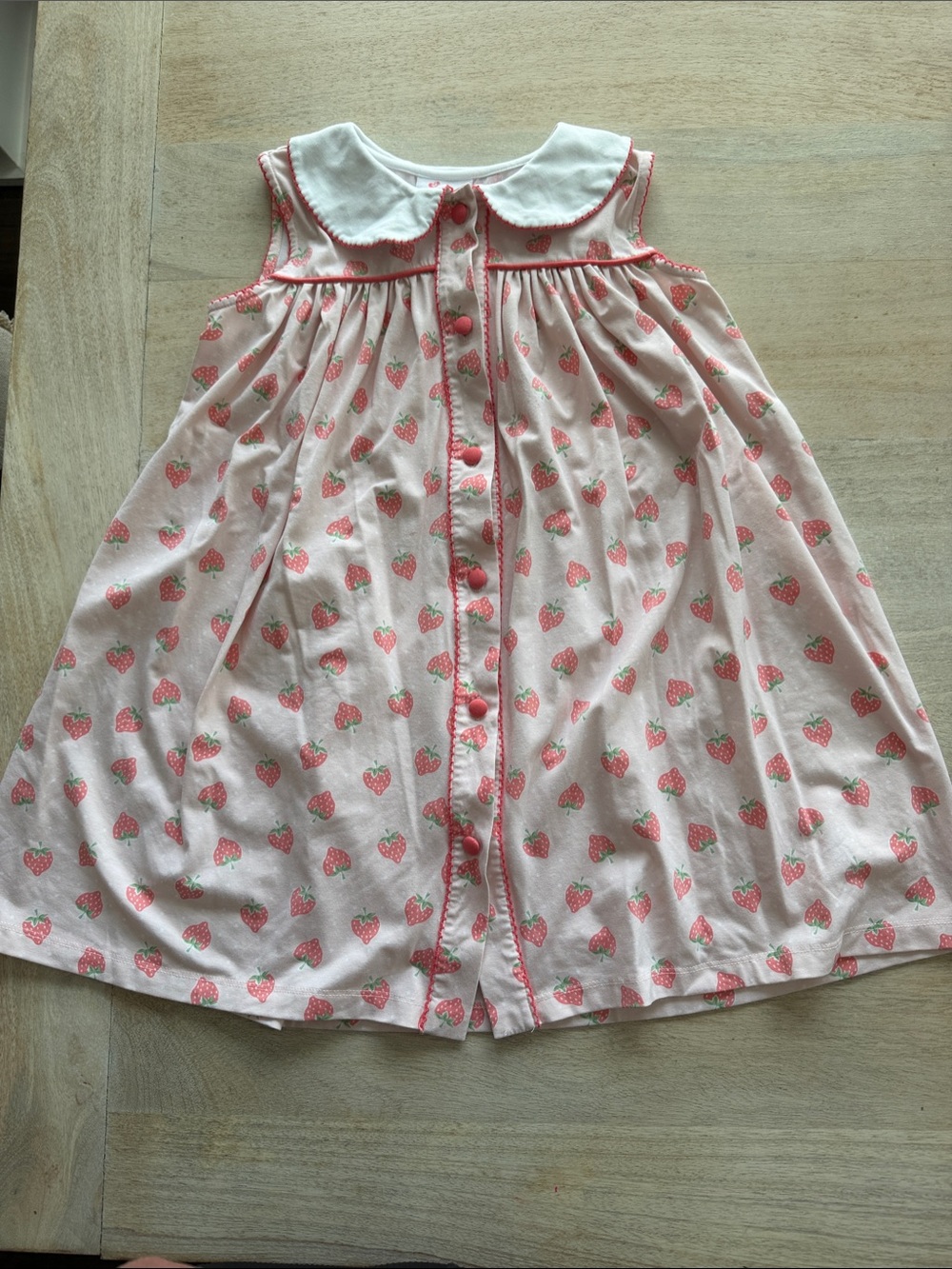 SGK Girls Pink Strawberry Print Cotton Dress with Peter Pan Collar